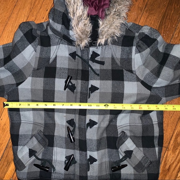 Empyre m medium junior plaid black jacket coat punk alt  flannel fur hood - Picture 4 of 6